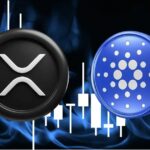 XRP coins on purple digital background with price prediction text