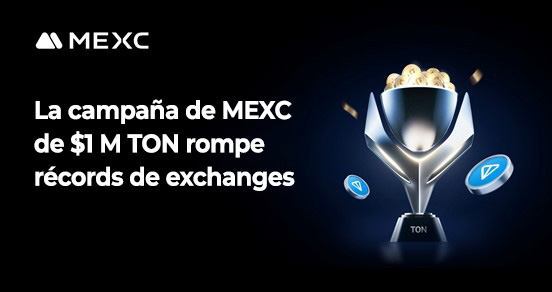 Logo de MEXC, copa plateada llena de monedas y de TON, fondo negro
