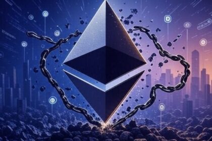 Logo de Ethereum sobre un fondo con detalles morados.