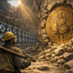 Cardano ADA coin beside a heavy chain split by a glowing crack in stone, symbolizing low-key network upgrades paving the way for institutional adoption backed by on-chain data