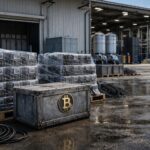 Bitcoin mining equipment stacked outside an industrial facility as operators pivot to AI, selling BTC and taking on debt to maintain liquidity