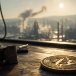 Bitcoin coin on a desk overlooking an industrial skyline as markets reverse $3 trillion and price surges above $70k in minutes