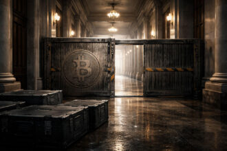 Bitcoin-marked barrier blocking a government hallway with cases left outside, symbolizing Citi lowering its price target as slow Washington policy delays impact crypto outlook