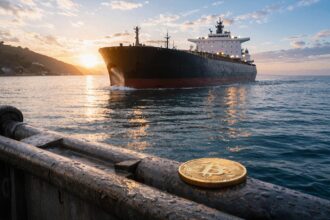 Bitcoin coin on a dock as an oil tanker passes at sunrise, reflecting easing supply shock and a potential price breakout toward lower oil levels