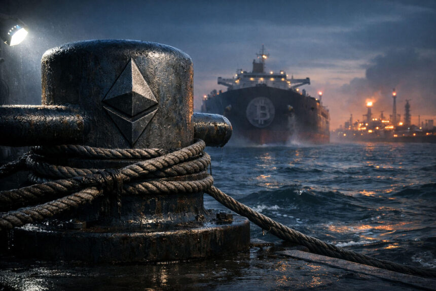 Ethereum logo anchored to a dock as a Bitcoin-marked tanker approaches through turbulent waters, symbolizing Ethereum gaining strength over Bitcoin amid shifting global markets during US-Iran tensions