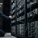 Engineer adjusting Bitcoin mining servers in a data center amid network power struggle over anti-spam proposal and disputed node support