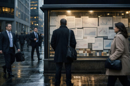 Investor studies market charts on a city street as rising US PMI data fuels stagflation fears and creates new pressure on Bitcoin