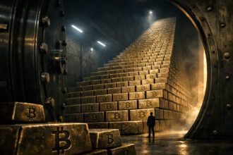 Massive vault stacked with gold Bitcoin bars rising like a pyramid as a lone figure looks on, illustrating rapid accumulation toward a potential 1 million BTC strategy driven by STRC