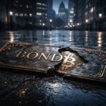 Cracked bond plaque revealing a Bitcoin beneath on a rain-soaked city street, symbolizing Britain’s bond market turmoil shifting attention toward Bitcoin