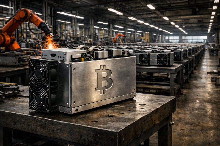 Bitcoin mining rigs assembled in a US factory, reflecting Washington’s push for domestic hardware to power American hash rate