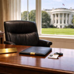 Empty White House office desk and chair overlooking the West Wing lawn, symbolizing the crypto czar’s departure after policy wins for banks and institutions over Bitcoin
