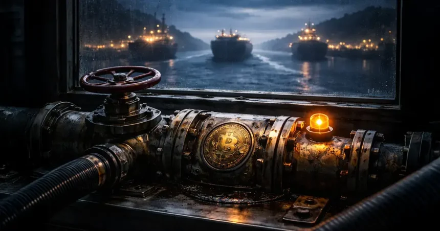 Binance-branded device with dark liquid in front of a Department of Justice seal, symbolizing renewed DOJ probe into Iran-linked crypto flows after the $4.3 billion settlement and CZ pardon