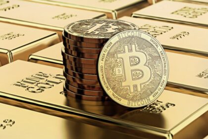 Picture of bitcoins sitting on top of a stack of gold bricks