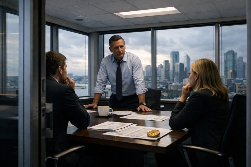 Executives in a boardroom reviewing documents beside a Bitcoin coin, reflecting institutional players influencing and repeatedly stalling the rally toward $70,000