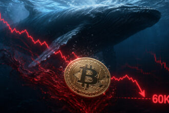 Bitcoin whale and falling price chart looming over BTC as bearish market signal points toward a potential drop to $60,000