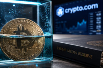 Bitcoin partially submerged in water beside a Trump Media reserve binder and Crypto.com display, symbolizing mounting pressure on the company’s underwater BTC holdings