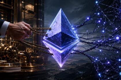 Ethereum governance and execution debate visualized by a glowing ETH symbol pulled between institutional control and decentralized network forces