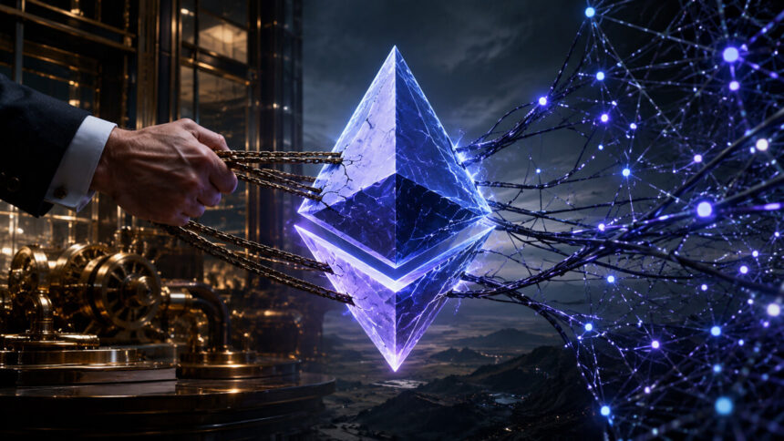 Ethereum governance and execution debate visualized by a glowing ETH symbol pulled between institutional control and decentralized network forces