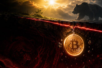 Bitcoin falling below the 200-week moving average bear market support line illustration