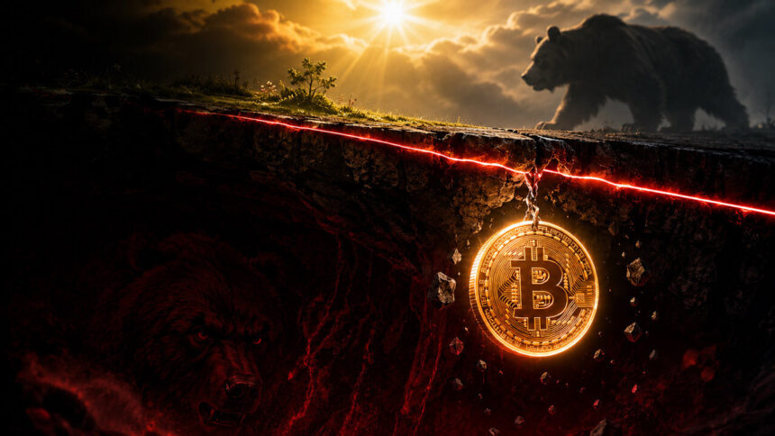 Bitcoin falling below the 200-week moving average bear market support line illustration